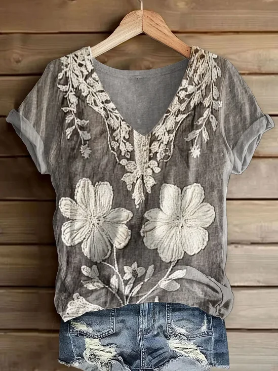 Women's Short Sleeve T-shirt Summer Gray Floral Printing V Neck Daily Going Out Casual Top