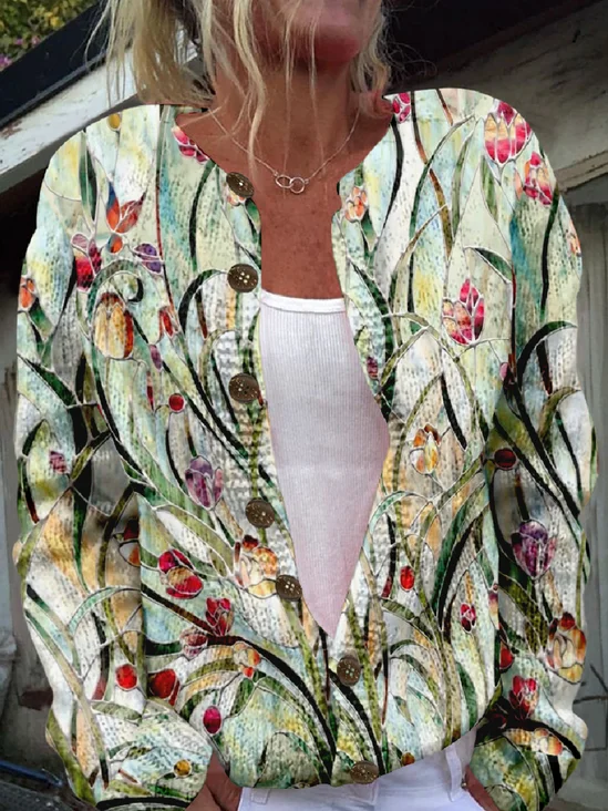 Crew Neck Floral Casual Loose Cardigan