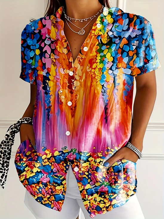 Women's Short Sleeve Shirt Summer As Picture Abstract Printing Shirt Collar Daily Going Out Casual Top