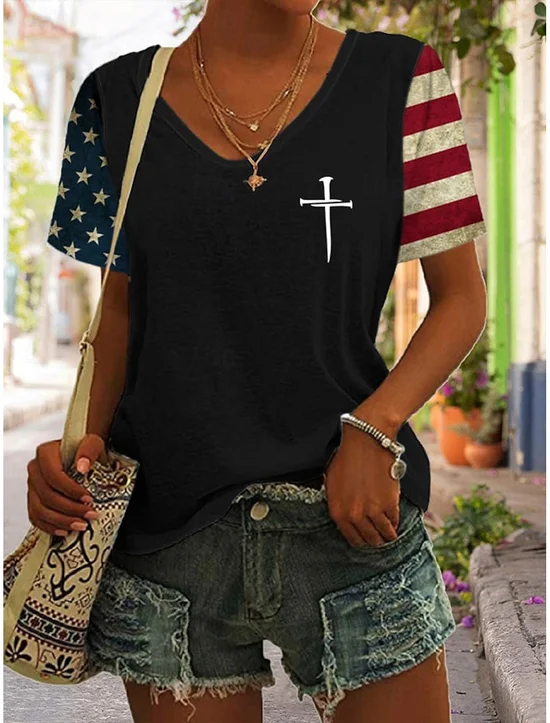 Women's American Flag Print V-Neck Cotton Blend Short Sleeve T-Shirt