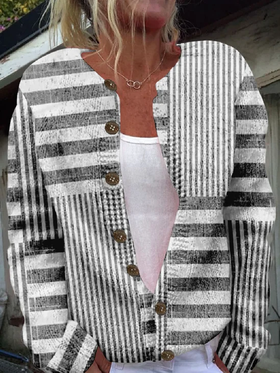 Ethnic Striped Knitted Crew Neck Cardigan