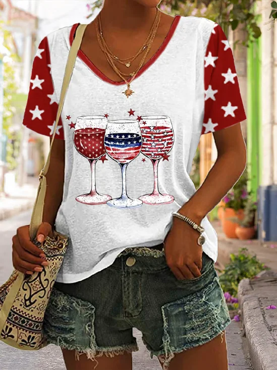 Women's Red Wine & Blue Print T-Shirt