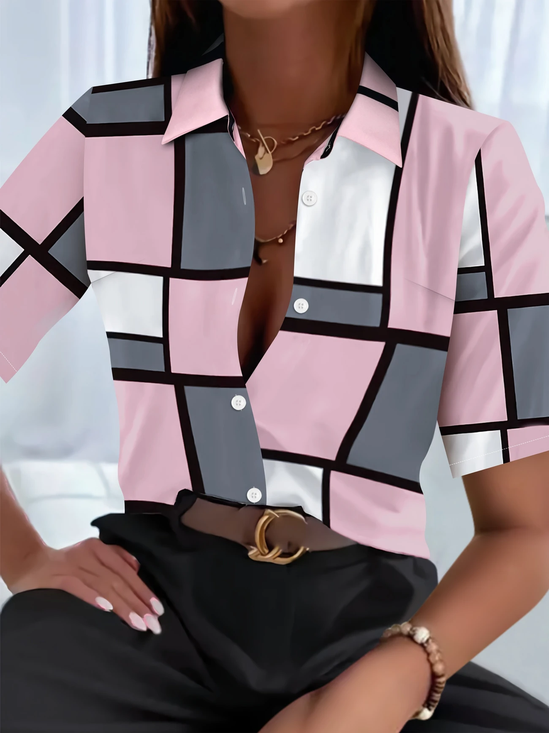 Women's Short Sleeve Shirt Summer Pink Plaid Printing Shirt Collar Daily Going Out Casual Top