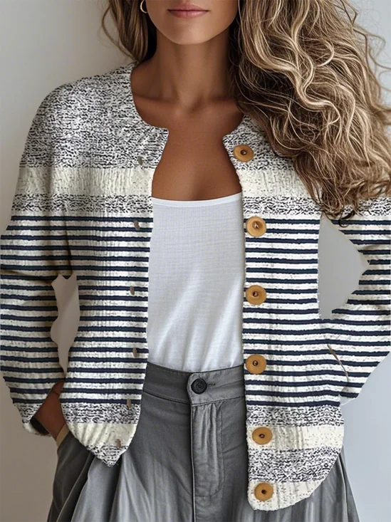Crew Neck Vintage Knitted Striped Cardigan