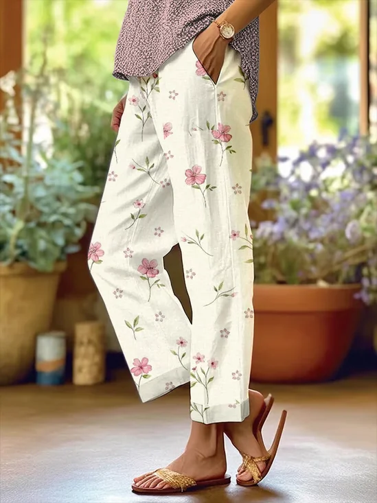 Women's  H-Line Baggy Pants Daily Going Out Pants Off White Casual Printing Floral Spring/Fall Pants