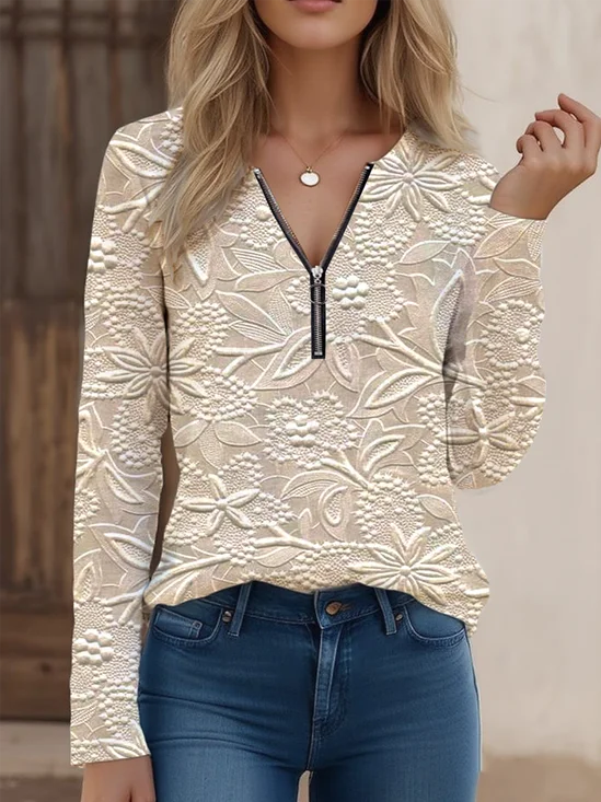 Casual V Neck Zipper Cotton-Blend T-Shirt