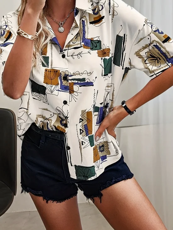 Women's Short Sleeve Shirt Summer Apricot Abstract Printing Shirt Collar Daily Going Out Casual Top