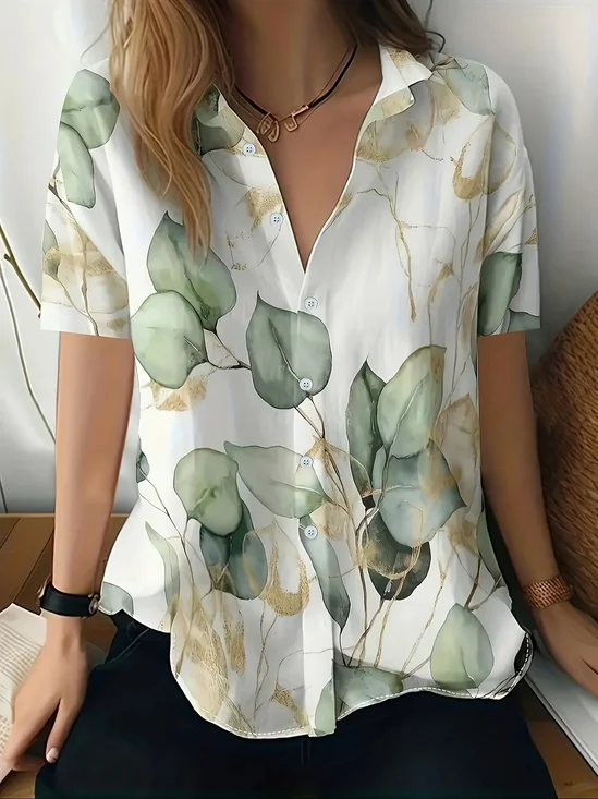 Women's Short Sleeve Shirt Summer White Floral Printing Shirt Collar Daily Going Out Casual Top