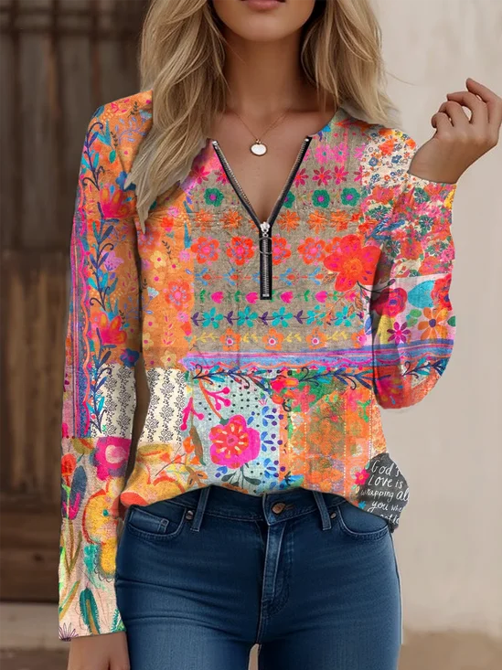 Zipper Geometric Vintage Cotton-Blend T-Shirt