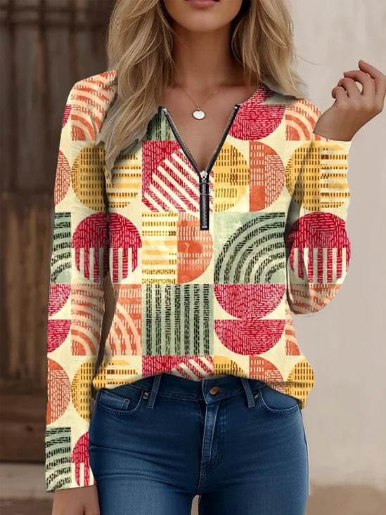 Loose Multicolor Block Vintage Zipper T-Shirt
