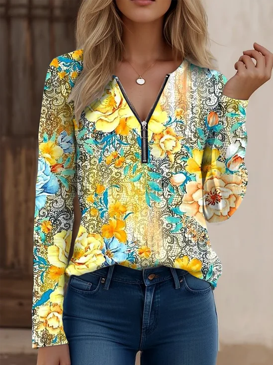Loose Floral Zipper Vintage T-Shirt