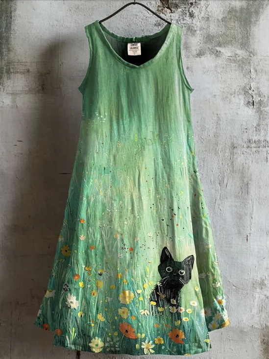 Casual Linen Floral Crew Neck Dress With No