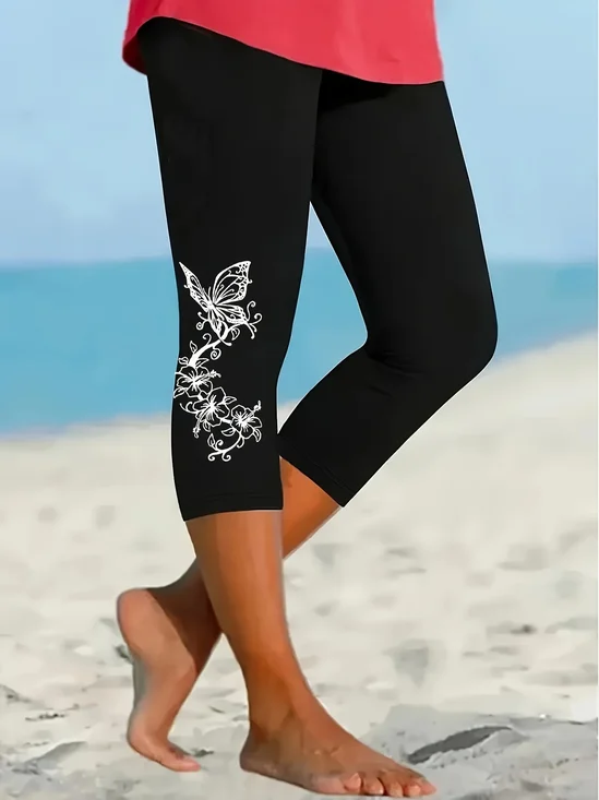 Women's  Elastic Waist H-Line Legging Daily Going Out Pants Black Casual Printing Floral Summer Pants