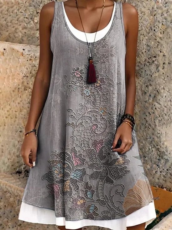 Casual Crew Neck Regular Fit Floral Dress