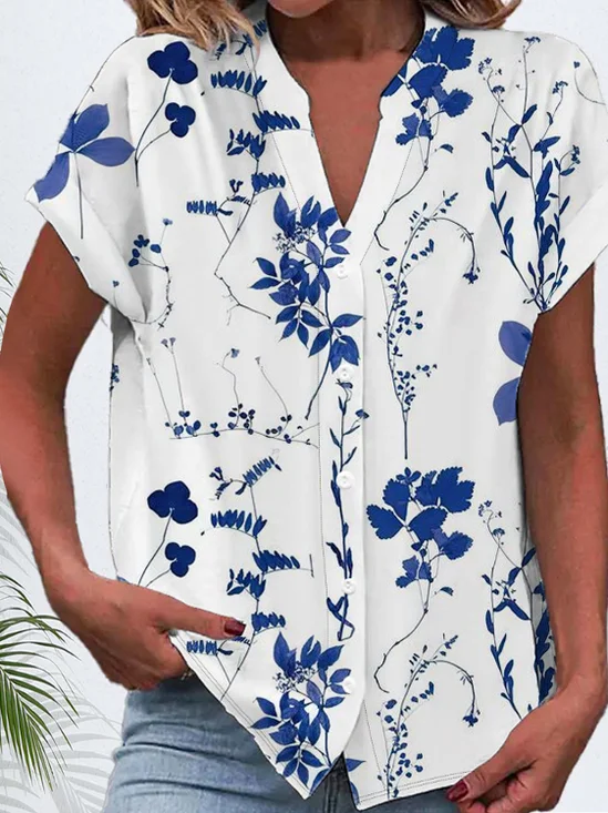 Women's Short Sleeve Shirt Summer White Floral Printing V Neck Daily Going Out Casual Top