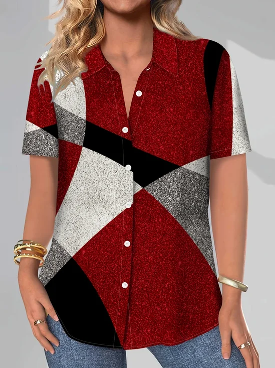 Women's Short Sleeve Shirt Summer Red Geometric Printing Shirt Collar Daily Going Out Casual Top