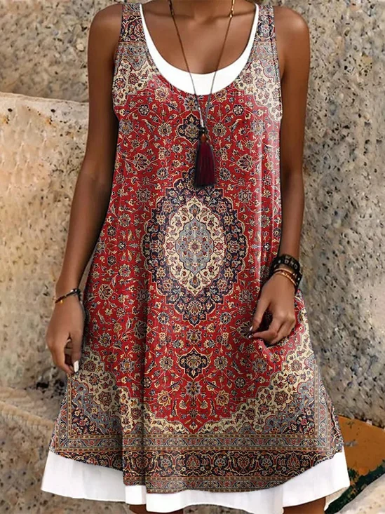 Regular Fit Casual Crew Neck Ethnic Geometry Dress