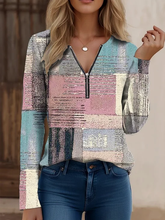 Multicolor Block Vintage Zipper Cotton-Blend T-Shirt