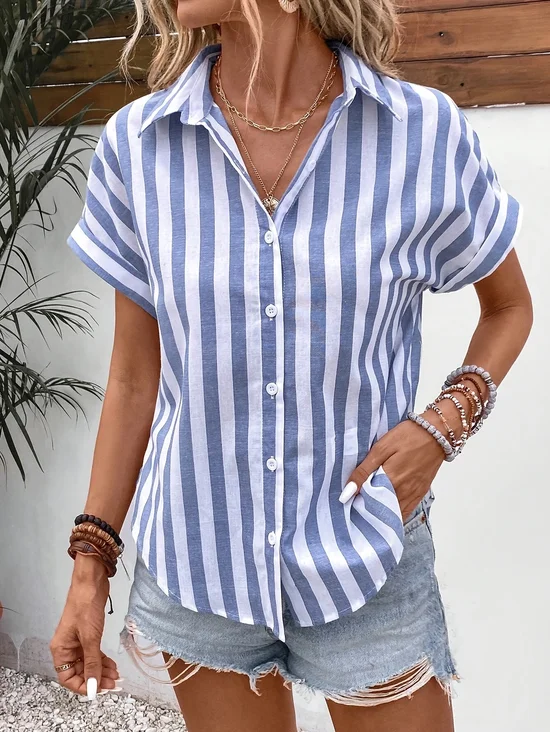 Women's Short Sleeve Shirt Summer Blue Striped Printing Shirt Collar Daily Going Out Casual Top