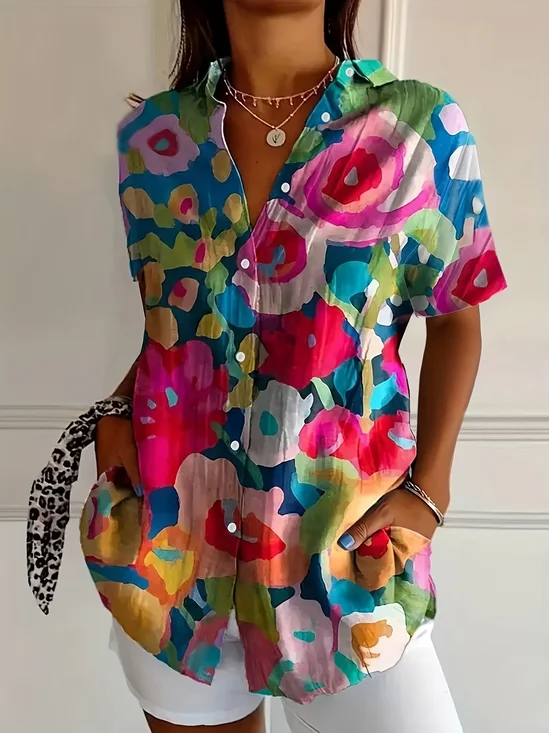 Women's Short Sleeve Shirt Summer As Picture Floral Printing Shirt Collar Daily Going Out Casual Top