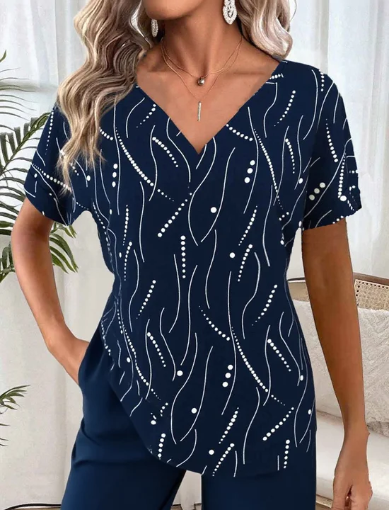 Print Casual V Neck Short Sleeve T-Shirt