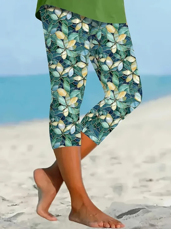 Women's  Elastic Waist H-Line Legging Daily Going Out Pants Green Casual Printing Floral Summer Pants