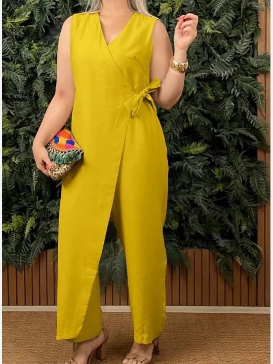 Women's H-Line T-Shirt V Neck Daily Going Out Casual Lace-up Cotton Plain Summer Long Jumpsuit Romper