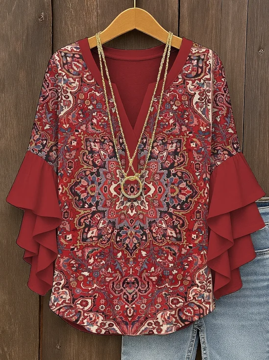 V Neck Loose Vintage Nationality/Ethnic Shirt