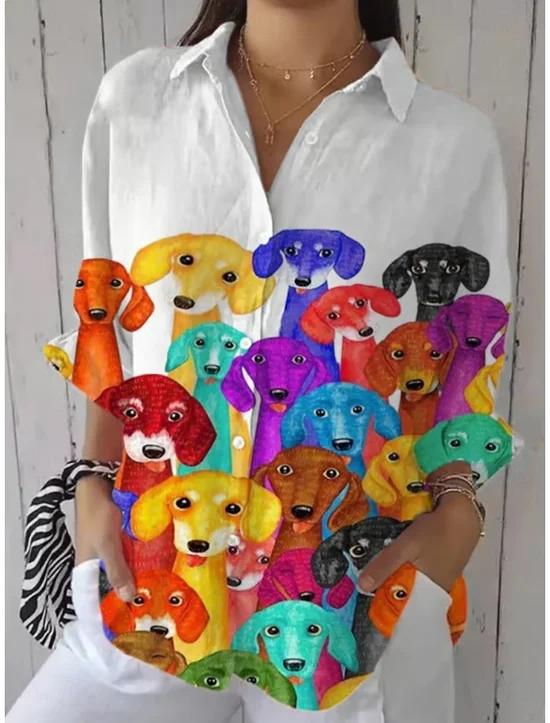 Loose Shirt Collar Animal Picture Casual Shirt