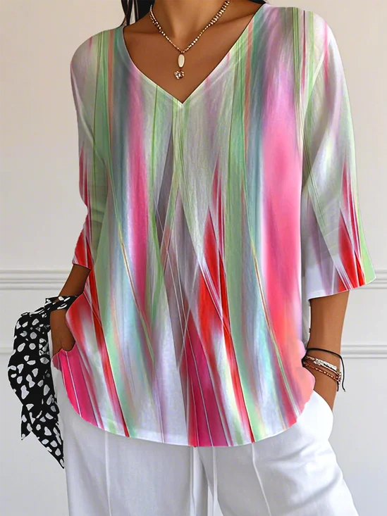 Casual V Neck Loose Gradient Pattern T-Shirt