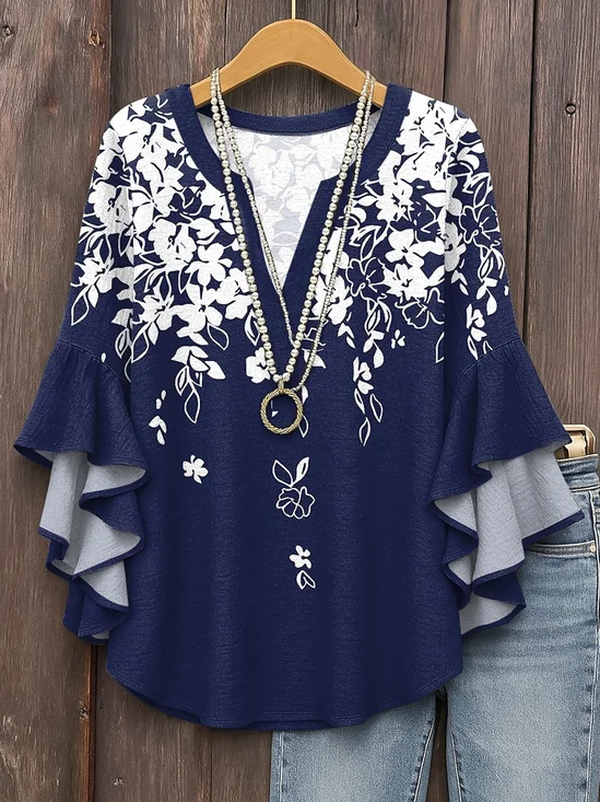 Loose Casual V Neck Gradient Pattern Shirt