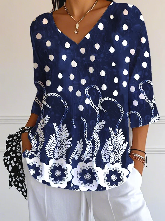 Floral V Neck Simple Loose T-Shirt