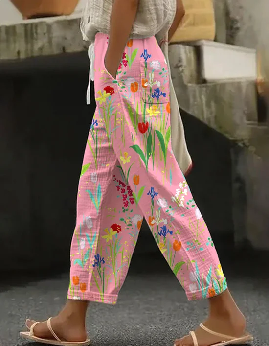 Floral Vintage Loose Linen Blend Pants