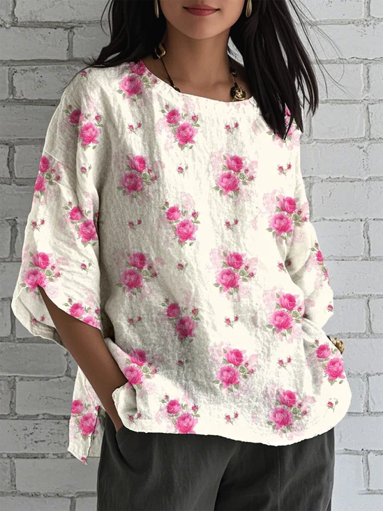 Floral Loose Crew Neck Simple Shirt