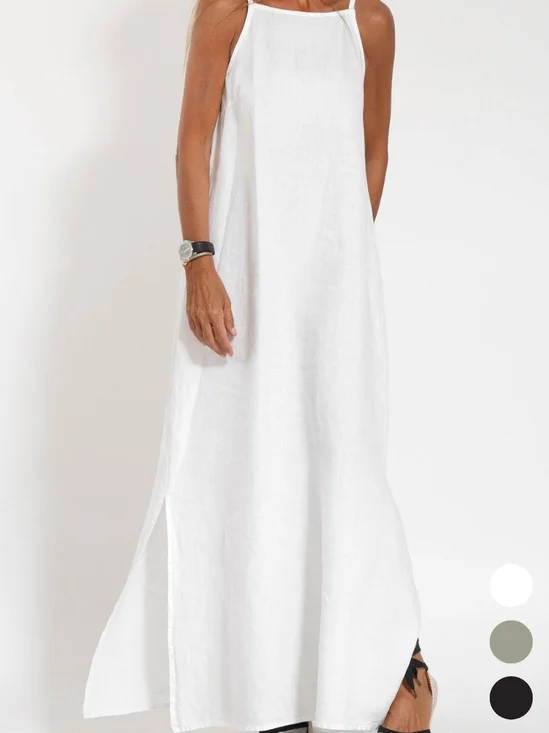 Women's Sleeveless Summer White Plain Split Joint Crew Neck Daily Going Out Vintage Maxi A-Line Tank Dress