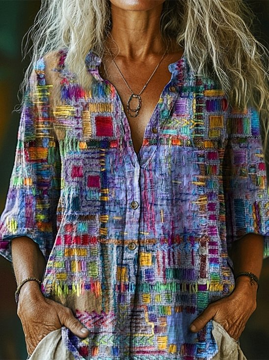 Women's Vintage Floral Collage Art Pattern Print Casual Cotton And Linen Shirt