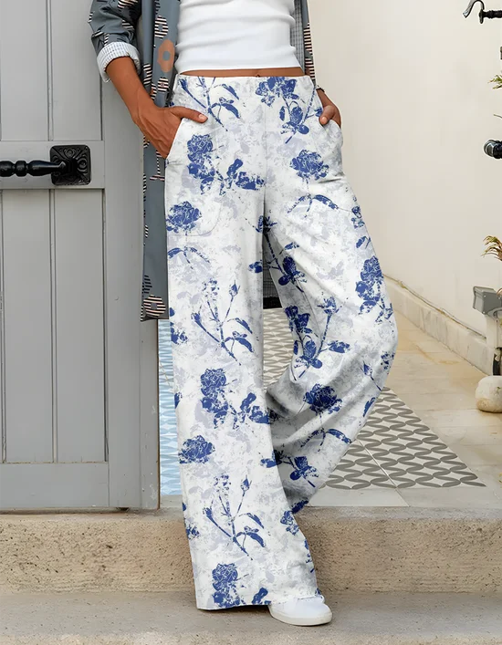 Women's Casual Loose Pocket Print Trousers