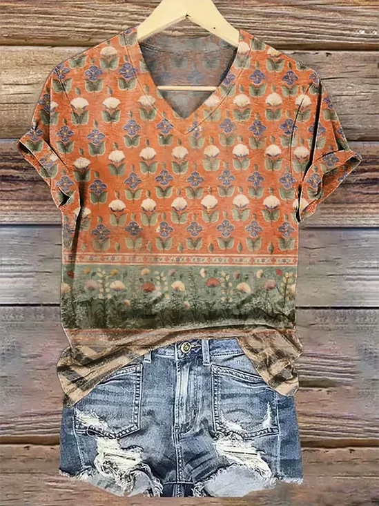 Women's Short Sleeve T-shirt Summer Orange Floral Printing V Neck Daily Going Out Casual Top
