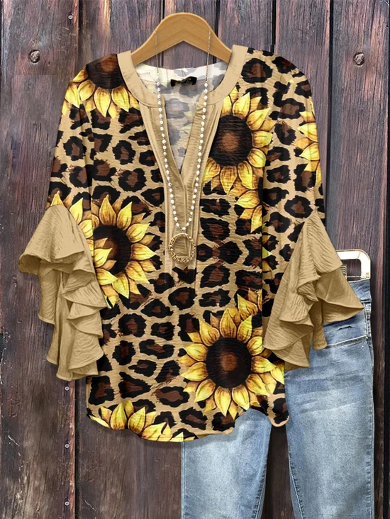 Women's Half Sleeve Shirt Summer Khaki Leopard Printing V Neck Daily Going Out Casual Top