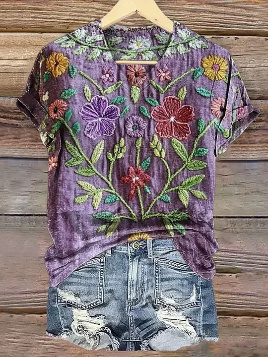 Women's Short Sleeve T-shirt Summer Purple Floral Printing V Neck Daily Going Out Casual Top