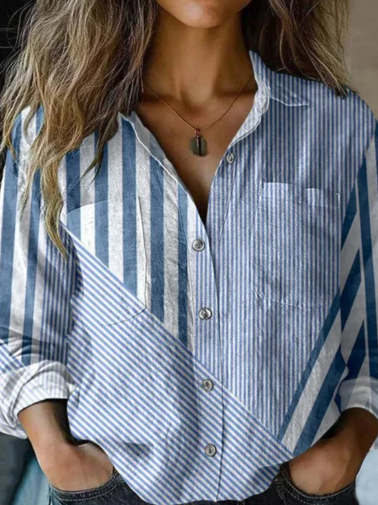 Linen Blend Simple Striped Shawl Collar Shirt