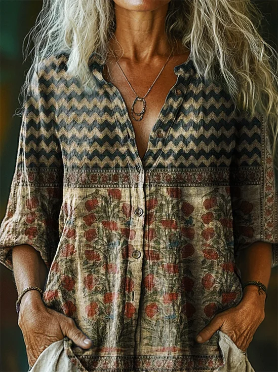 Vintage Stand Collar Multicolor Block Loose Shirt