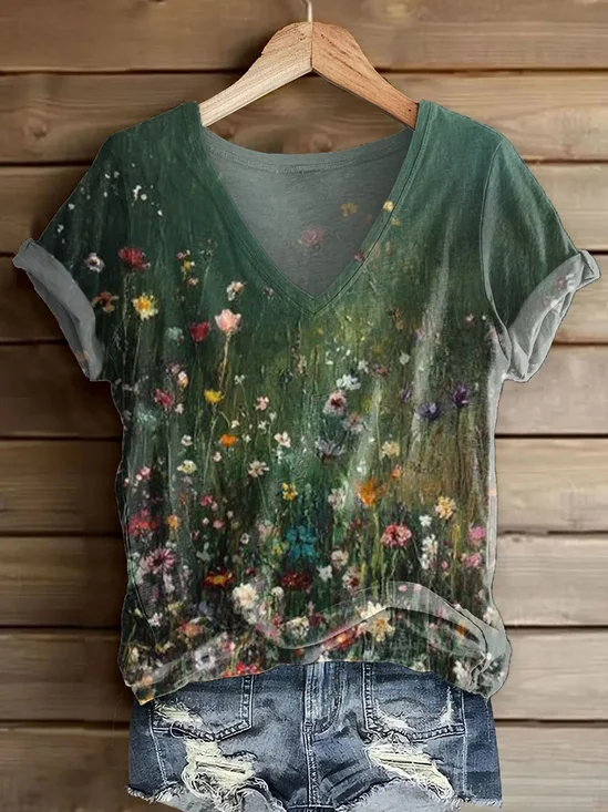 Women's Short Sleeve T-shirt Summer Green Floral Printing V Neck Daily Going Out Casual Top