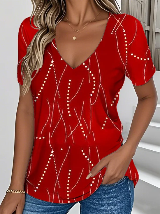 Print Casual V Neck Short Sleeve T-Shirt