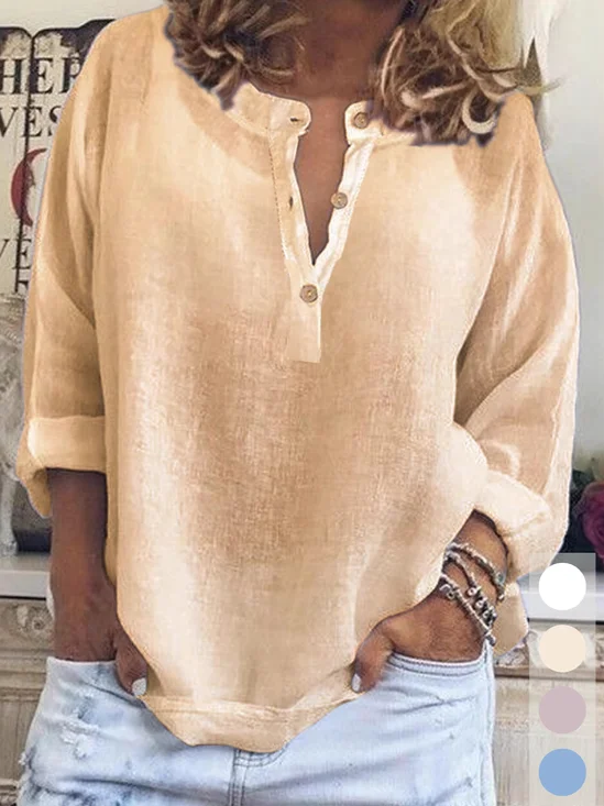 Women's Short Sleeve Shirt Summer Khaki Plain Buckle Cotton V Neck Daily Going Out Casual Top