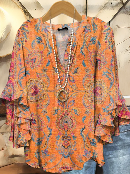 Women's Half Sleeve Shirt Summer Orange Floral Printing V Neck Daily Going Out Casual Top