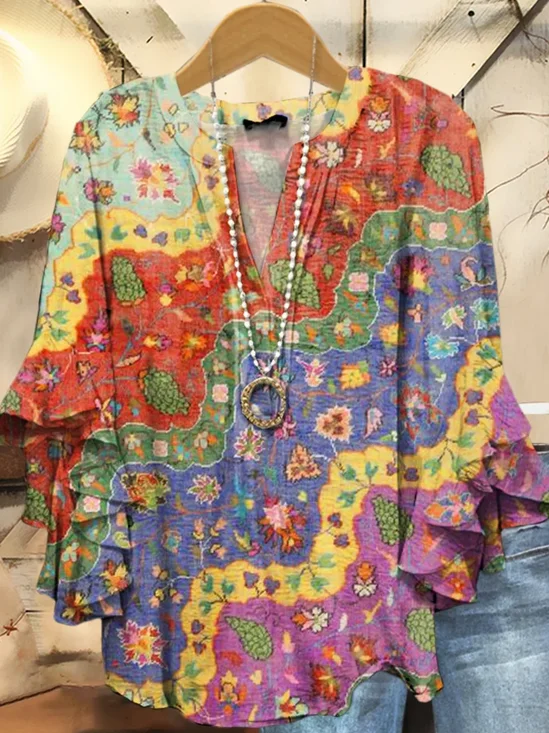 Women's Half Sleeve Shirt Summer As Picture Floral Printing V Neck Daily Going Out Casual Top