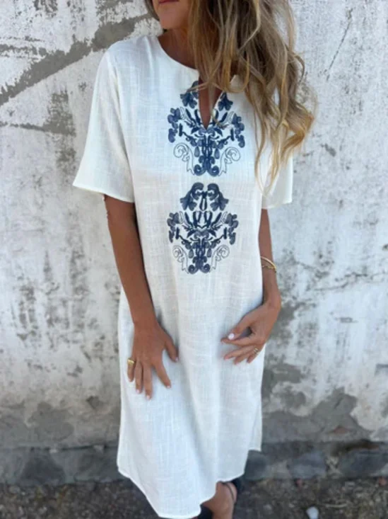 Vintage Notched Loose Dress With No