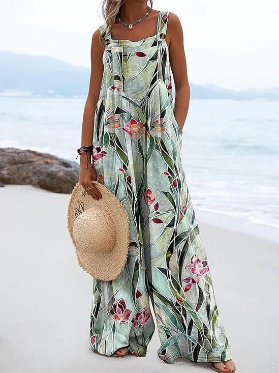 Casual Floral Spaghetti Jumpsuit