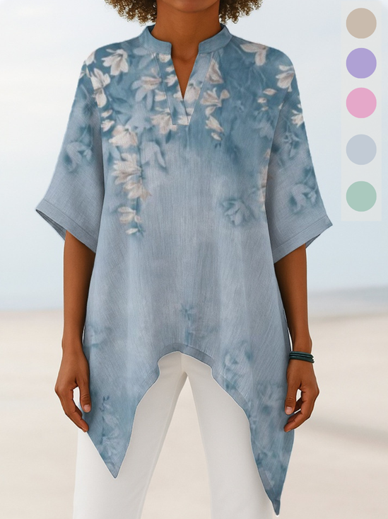 Women's Half Sleeve Shirt Summer Sky Blue Floral Split Joint V Neck Daily Going Out Casual Top